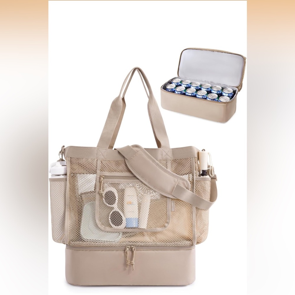NWOT Beige Mesh Tote Cooler Bag - Multi-Pocket Women’s Beach & Travel Bag